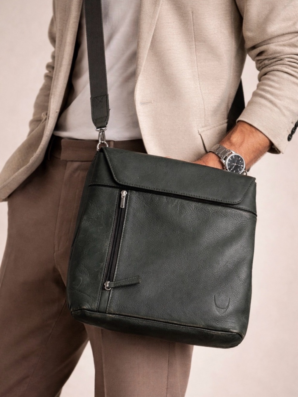 Hidesign Forest Green Leather Messenger Bag